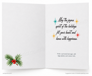 Vintage Christmas Card with Retro Mid-Century Tree and Glowing C9 Old-Fashioned String Lights
