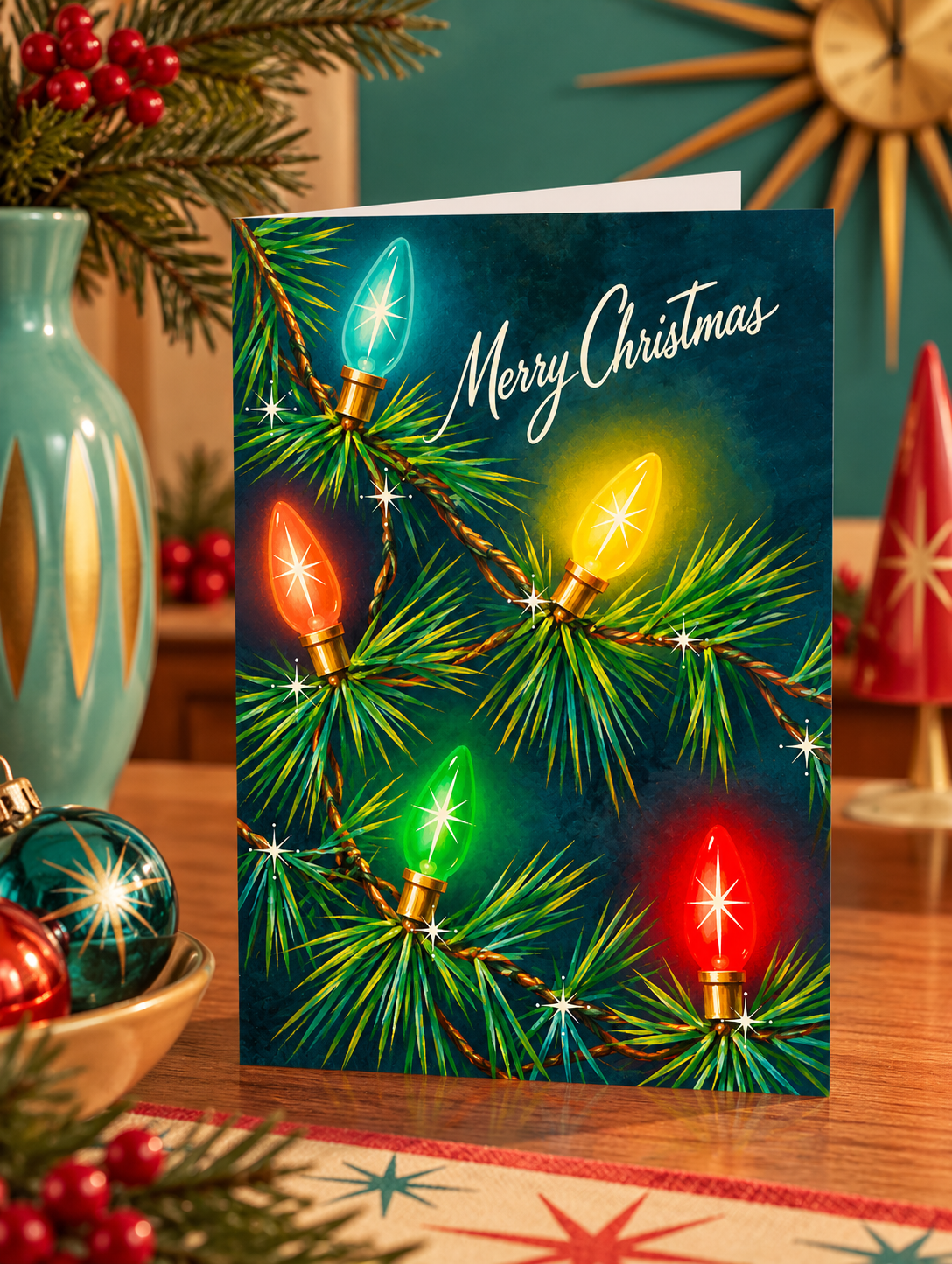 Vintage Christmas Card with Retro Mid-Century Tree and Glowing C9 Old-Fashioned String Lights