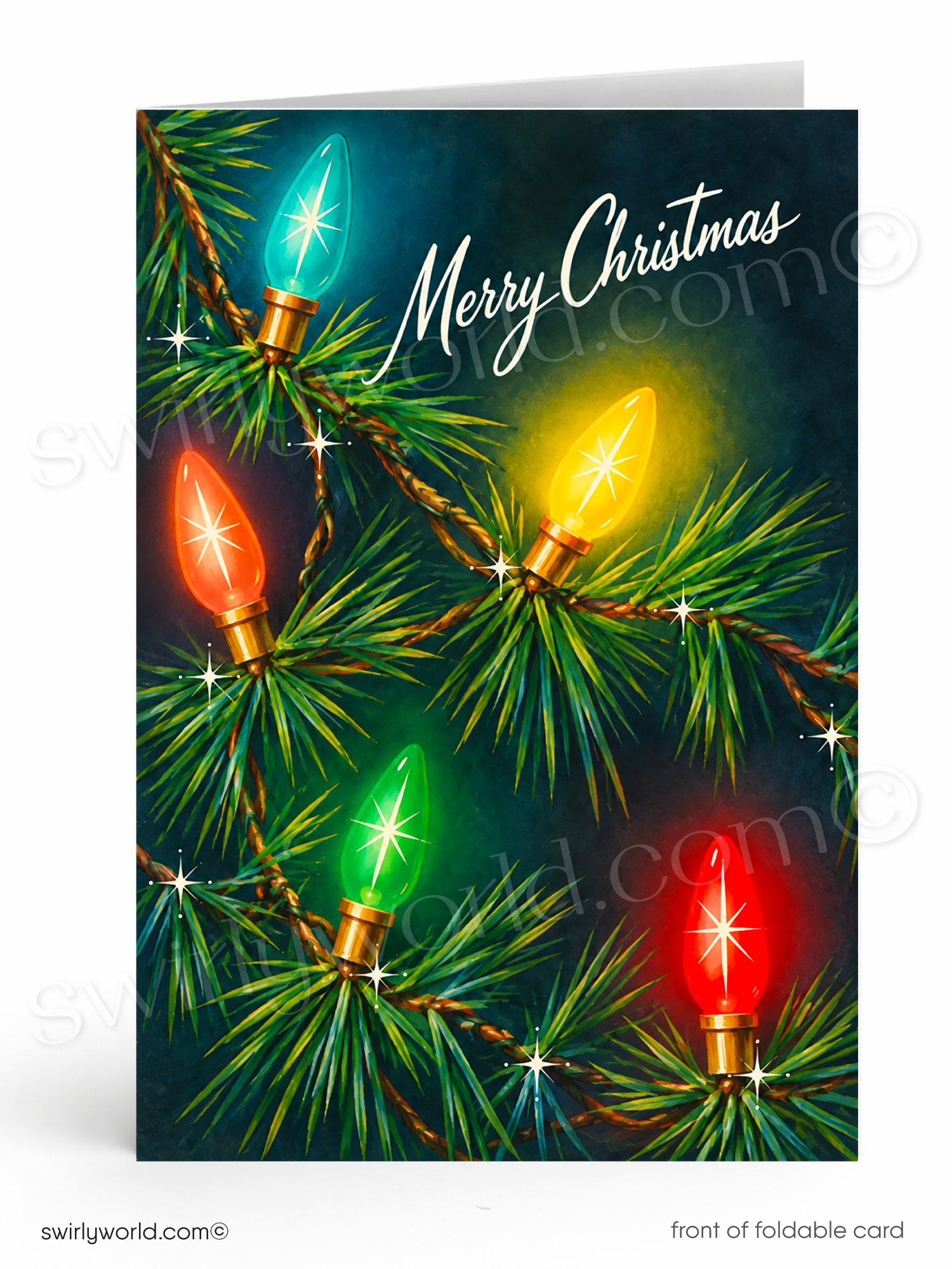 Vintage Christmas Card with Retro Mid-Century Tree and Glowing C9 Old-Fashioned String Lights