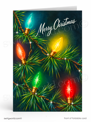 Vintage Christmas Card with Retro Mid-Century Tree and Glowing C9 Old-Fashioned String Lights
