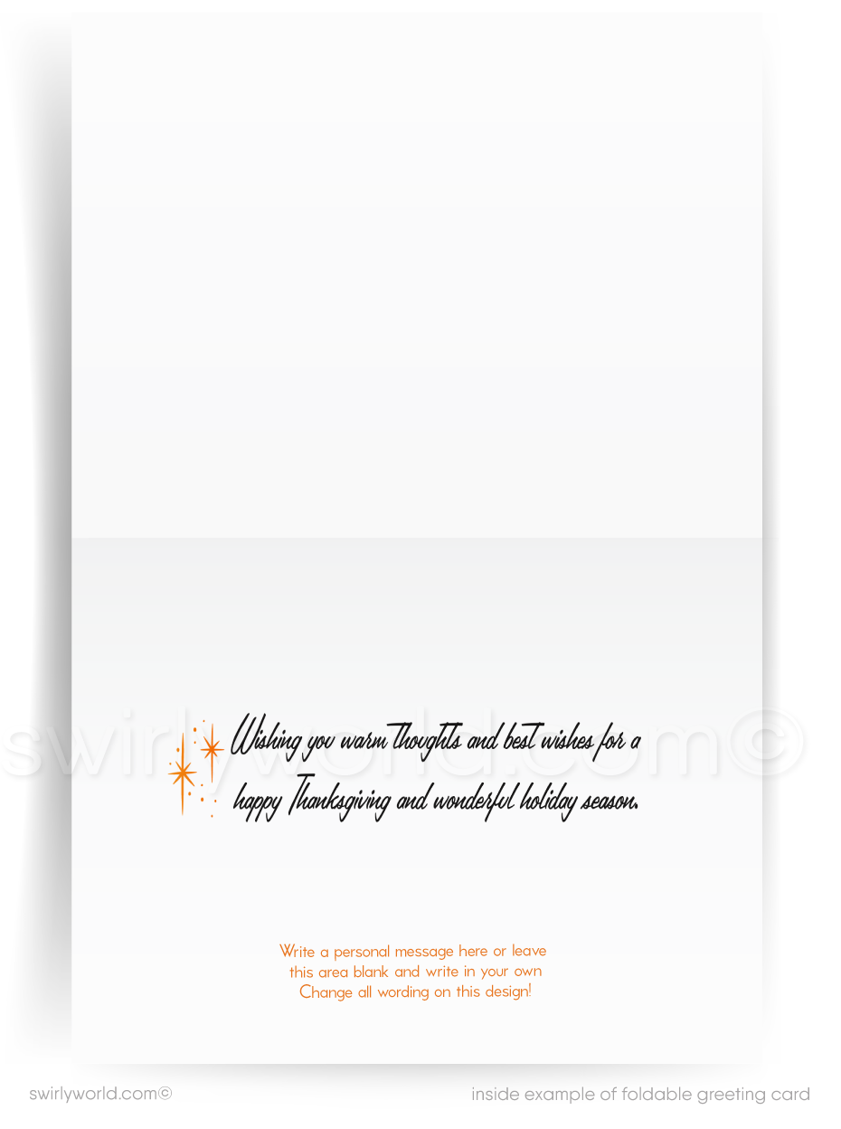 Thanksgiving card with pilgrims and a turkey on an orange background