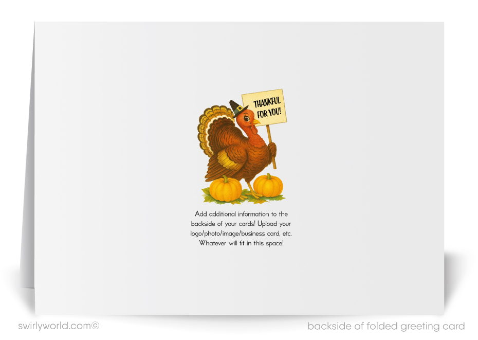 Greeting card with a turkey holding a 'Thankful for you' sign on a white background