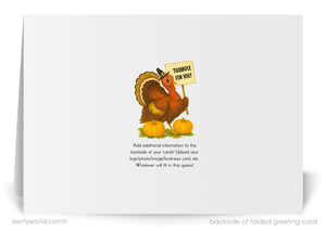 Greeting card with a turkey holding a 'Thankful for you' sign on a white background
