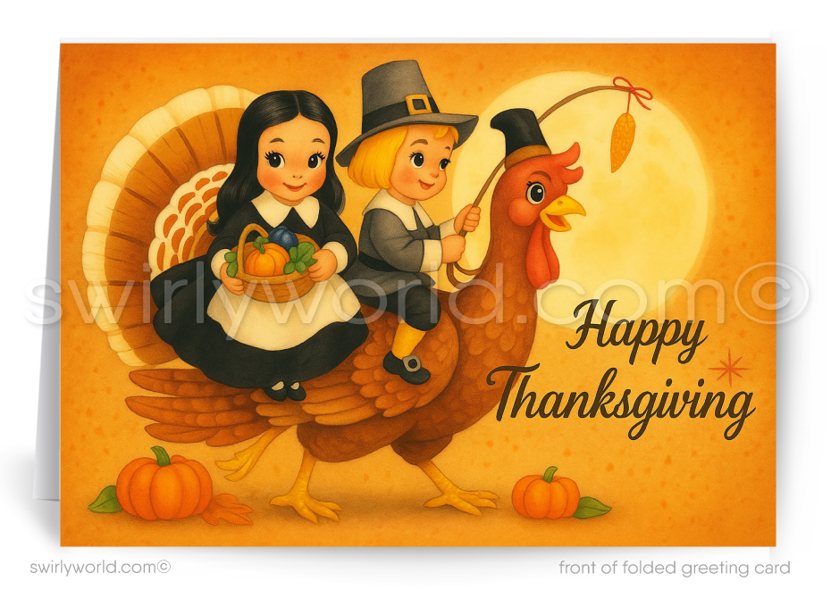 Thanksgiving card with pilgrims and a turkey on an orange background