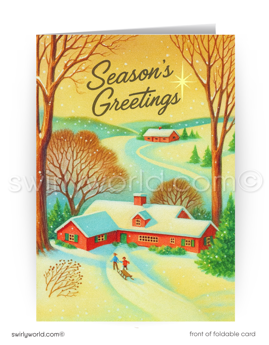 1960s Retro Mid-Century Style Fifties Pink House Vintage Christmas Holiday Cards