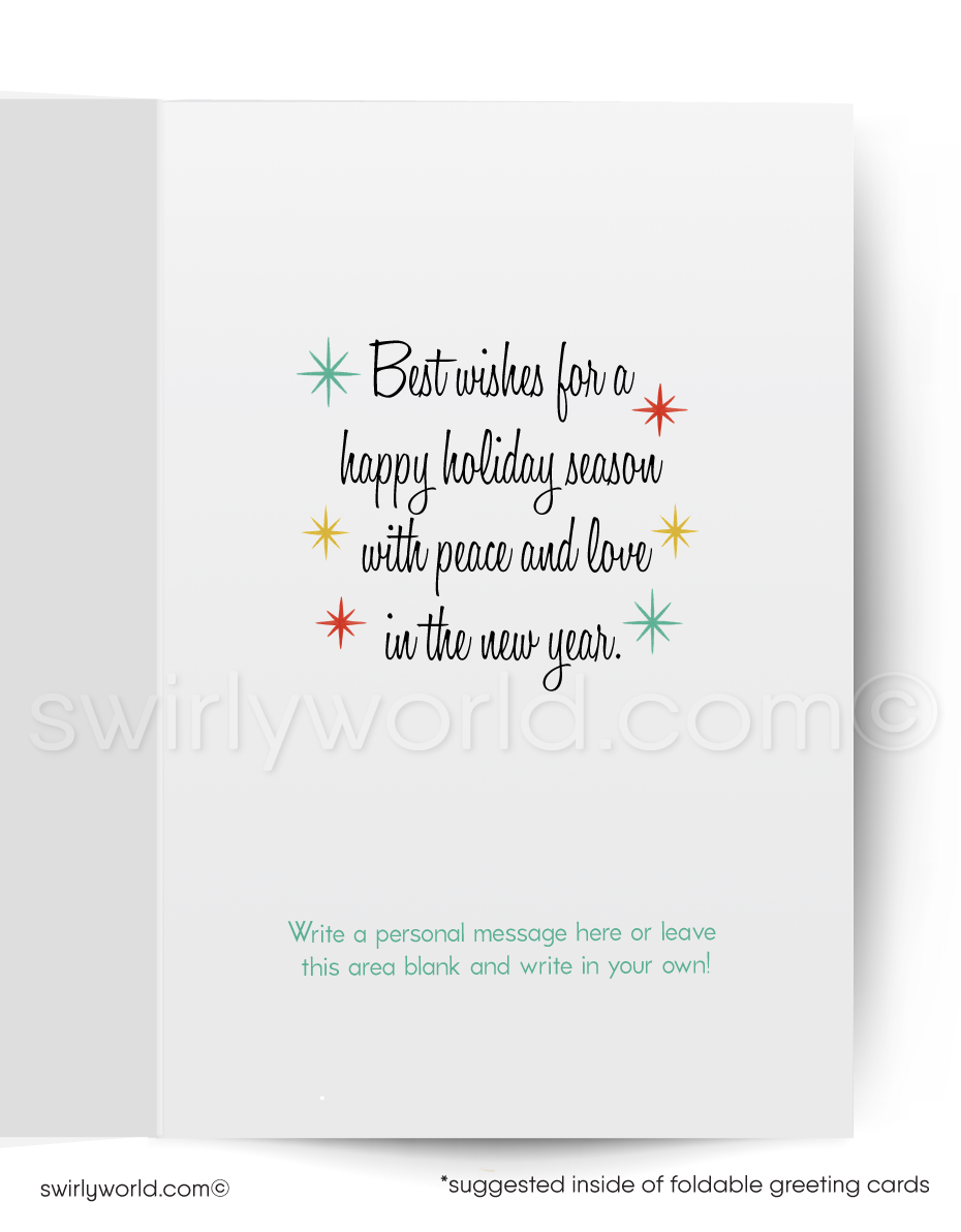 Vintage-style Christmas card with Santa Claus holding a decorated tree against a blue background.