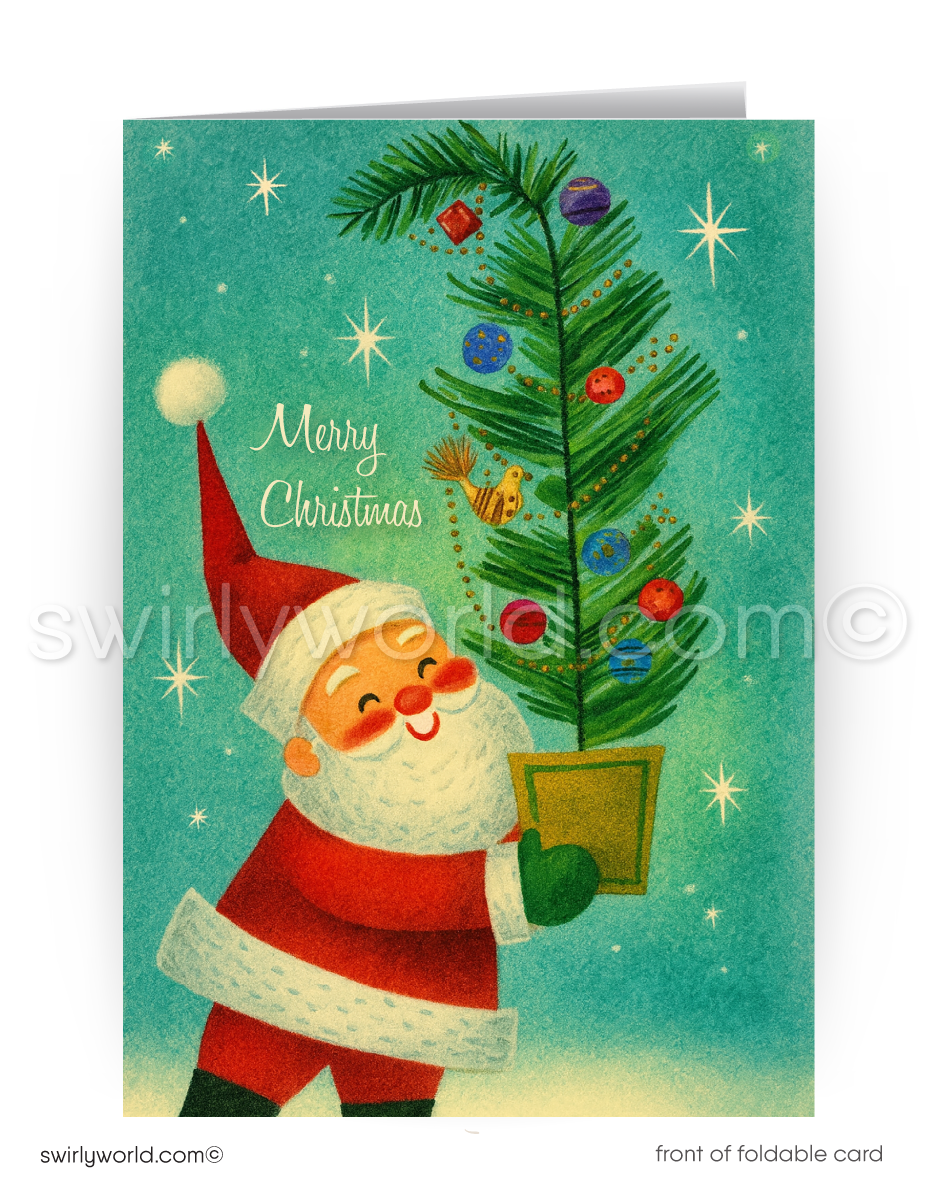 Vintage-style Christmas card with Santa Claus holding a decorated tree against a blue background.