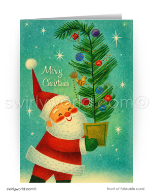 Vintage-style Christmas card with Santa Claus holding a decorated tree against a blue background.