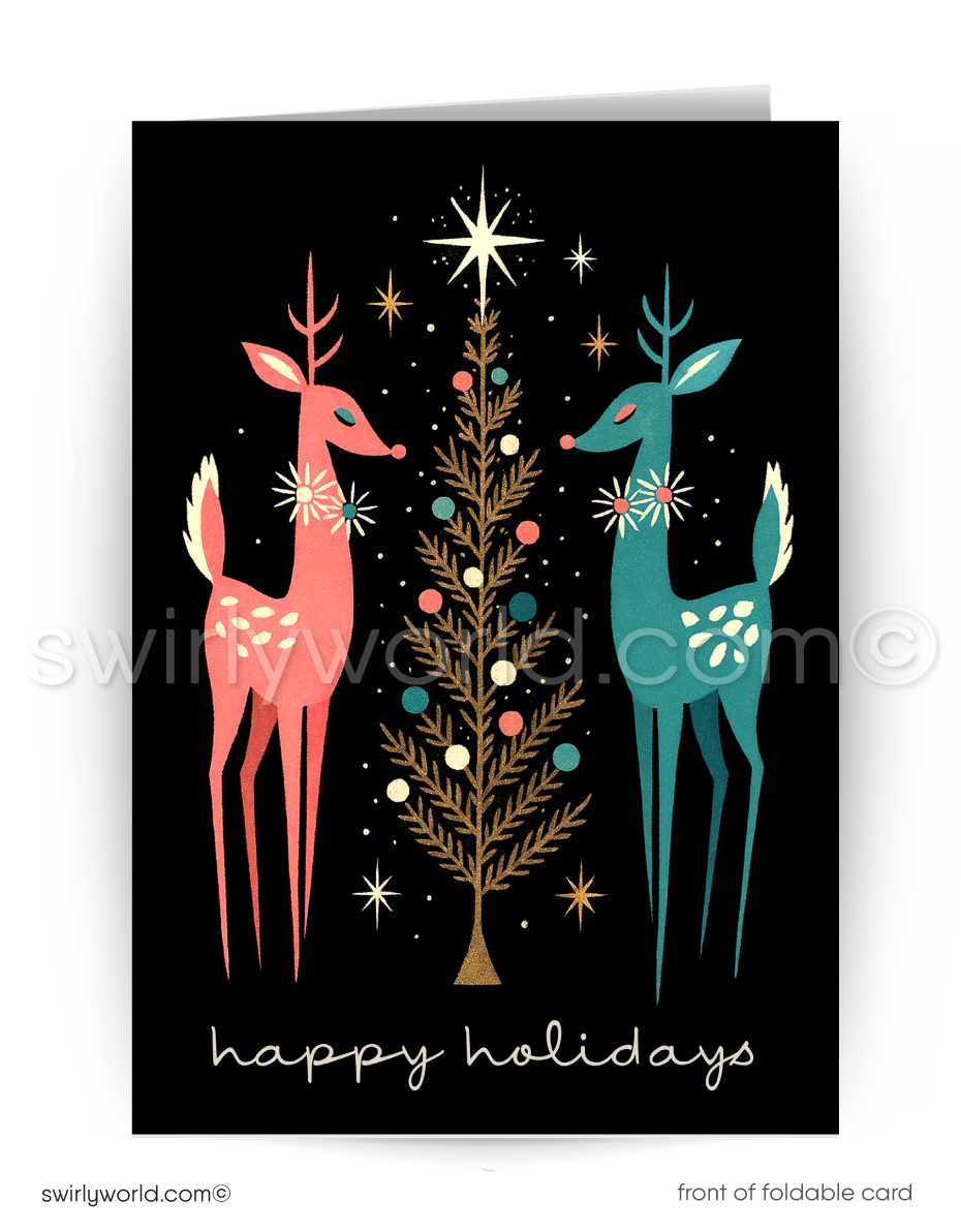 Greeting card with two stylized deer and a Christmas tree on a black background. This one-of-a-kind card showcases beautiful atomic mod-looking deers, boasting modern and sleek lines, surrounding a retro aluminum tree adorned with ornaments and an iconic starburst atop. 