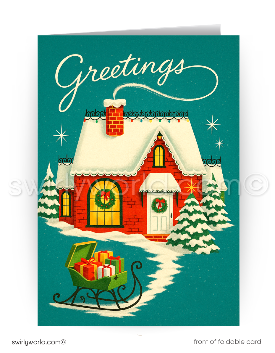 Atomic ranch brick house with snow on roof and holiday sleigh in front yard, holiday Christmas greeting card.