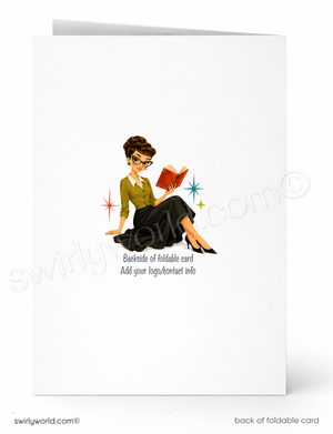 Backside of a foldable card with an illustration of a woman reading a book, featuring the brand 'swirlyworld.com'.