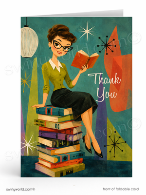 Vintage-style card with a woman reading a book on a stack of books, featuring the text 'Thank You'.