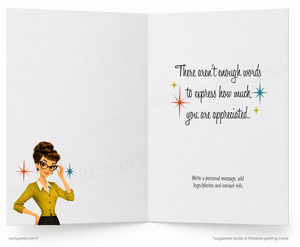 Open card with a vintage-style illustration of a woman and text expressing appreciation.