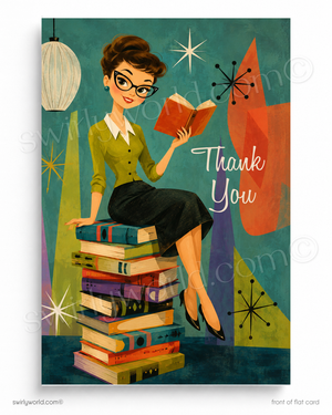 Vintage-style illustration of a woman reading a book on a stack of books with 'Thank You' text.