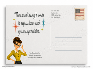 Postcard with vintage-style illustration of a woman and text on a white background