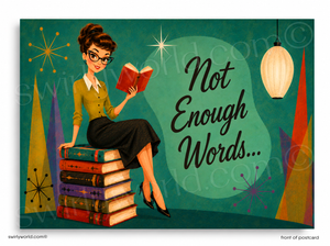 Vintage-style illustration of a woman reading a book with 'Not Enough Words' text on a teal background.