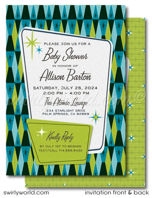 Kick off your baby shower with our Atomic Retro Mid-Century Modern Invitation Set! Gender-neutral, featuring starbursts, geometric shapes, and retro typography in MCM blue and lime green. Includes invites, thank you cards, and envelopes. Easily customizable with Corjl. Perfect for a memorable baby shower celebration! 