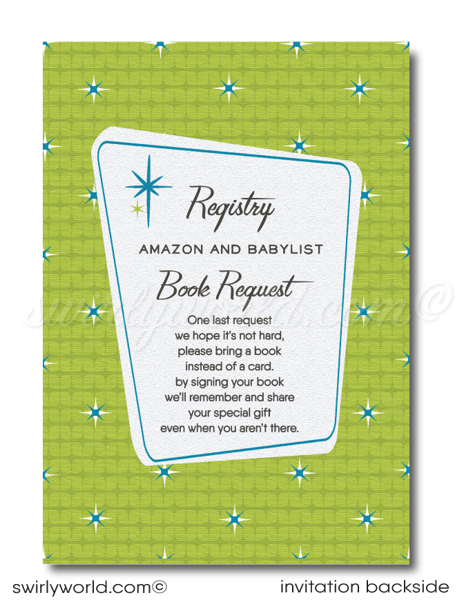 Launch your baby shower with our Atomic Retro Mid-Century Modern Invitation Set! Featuring MCM blue and lime green colors, starbursts, and diamond patterns. Edit easily on Corjl for a unique retro-themed celebration. Includes invites, thank you cards, and envelopes for a stylish, memorable start.