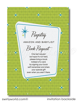 Book request poem Atomic Retro Starbursts Mid-Century Mod Gender Neutral Baby Shower InvitesKick off your baby shower with our Atomic Retro Mid-Century Modern Invitation Set! Gender-neutral, featuring starbursts, geometric shapes, and retro typography in MCM blue and lime green. Includes invites, thank you cards, and envelopes. Easily customizable with Corjl. Perfect for a memorable baby shower celebration! 