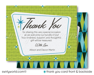 Launch your baby shower with our Atomic Retro Mid-Century Modern Invitation Set! Featuring MCM blue and lime green colors, starbursts, and diamond patterns. Edit easily on Corjl for a unique retro-themed celebration. Includes invites, thank you cards, and envelopes for a stylish, memorable start.