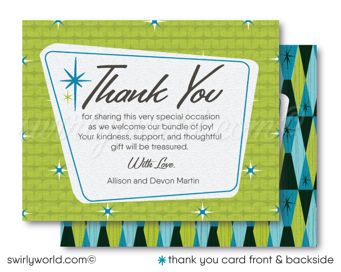 Kick off your baby shower with our Atomic Retro Mid-Century Modern Invitation Set! Gender-neutral, featuring starbursts, geometric shapes, and retro typography in MCM blue and lime green. Includes invites, thank you cards, and envelopes. Easily customizable with Corjl. Perfect for a memorable baby shower celebration! 
