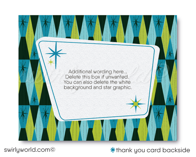 Atomic Retro Starbursts Mid-Century Mod Gender Neutral Baby Shower InvitesKick off your baby shower with our Atomic Retro Mid-Century Modern Invitation Set! Gender-neutral, featuring starbursts, geometric shapes, and retro typography in MCM blue and lime green. Includes invites, thank you cards, and envelopes. Easily customizable with Corjl. Perfect for a memorable baby shower celebration! 