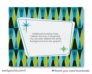 Atomic Retro Starbursts Mid-Century Mod Gender Neutral Baby Shower InvitesKick off your baby shower with our Atomic Retro Mid-Century Modern Invitation Set! Gender-neutral, featuring starbursts, geometric shapes, and retro typography in MCM blue and lime green. Includes invites, thank you cards, and envelopes. Easily customizable with Corjl. Perfect for a memorable baby shower celebration! 