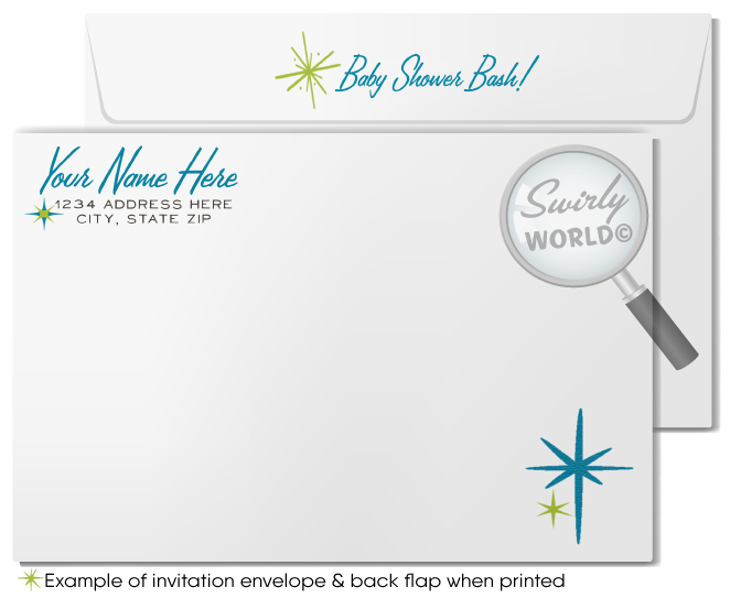 Launch your baby shower with our Atomic Retro Mid-Century Modern Invitation Set! Featuring MCM blue and lime green colors, starbursts, and diamond patterns. Edit easily on Corjl for a unique retro-themed celebration. Includes invites, thank you cards, and envelopes for a stylish, memorable start.