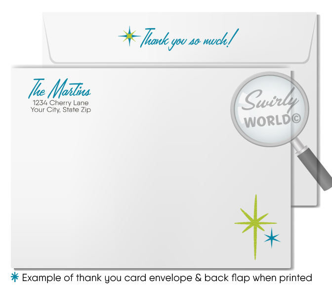 Kick off your baby shower with our Atomic Retro Mid-Century Modern Invitation Set! Gender-neutral, featuring starbursts, geometric shapes, and retro typography in MCM blue and lime green. Includes invites, thank you cards, and envelopes. Easily customizable with Corjl. Perfect for a memorable baby shower celebration! 