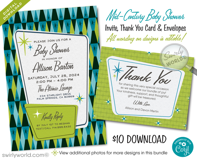 Mid-Century Atomic Mod Starbursts Retro Vintage Baby Shower Digital Invitation Set