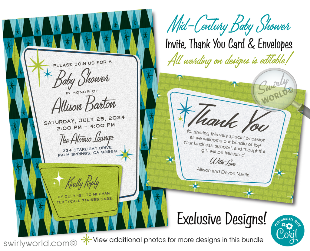 Launch your baby shower with our Atomic Retro Mid-Century Modern Invitation Set! Featuring MCM blue and lime green colors, starbursts, and diamond patterns. Edit easily on Corjl for a unique retro-themed celebration. Includes invites, thank you cards, and envelopes for a stylish, memorable start.