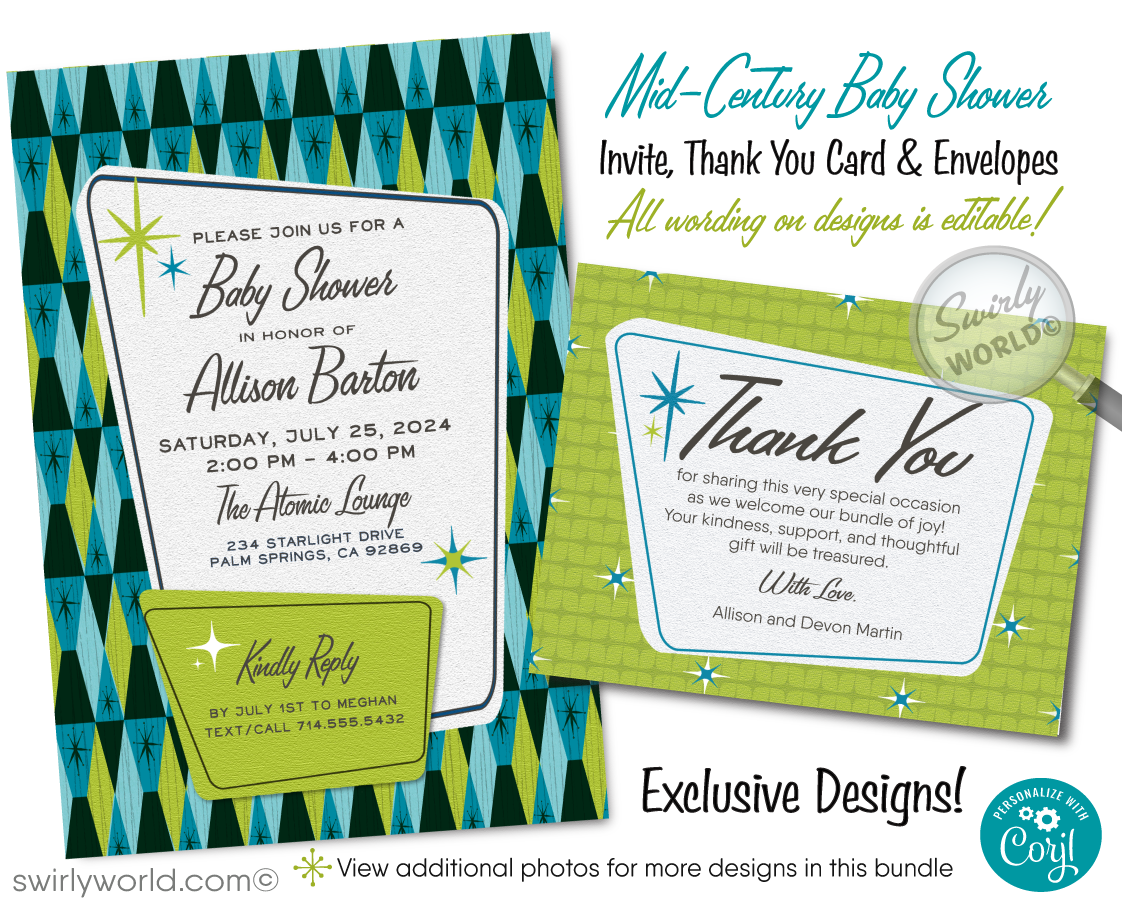 Launch your baby shower with our Atomic Retro Mid-Century Modern Invitation Set! Featuring MCM blue and lime green colors, starbursts, and diamond patterns. Edit easily on Corjl for a unique retro-themed celebration. Includes invites, thank you cards, and envelopes for a stylish, memorable start.