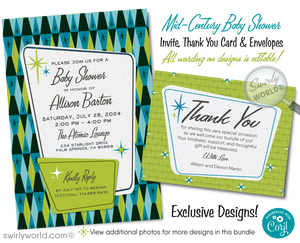 Launch your baby shower with our Atomic Retro Mid-Century Modern Invitation Set! Featuring MCM blue and lime green colors, starbursts, and diamond patterns. Edit easily on Corjl for a unique retro-themed celebration. Includes invites, thank you cards, and envelopes for a stylish, memorable start.