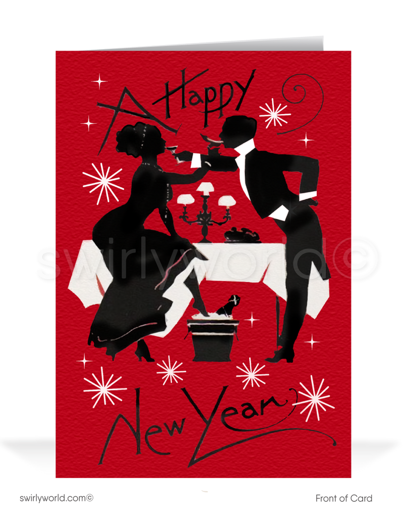 1920s-1930s Art Deco Vintage Victorian Couple Toast Happy New Year Greeting CardsIn this exquisite illustration, a chic couple sits at a formal table, their silhouettes beautifully framed against a dramatic red background. With a touch of whimsy, they ring in the New Year by toasting one another and playfully swapping cocktails
