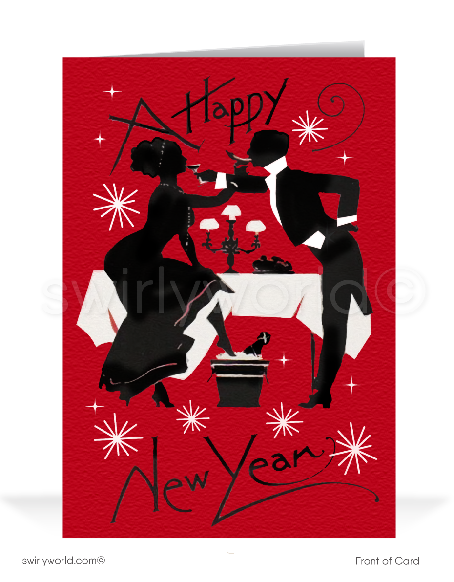 1920s-1930s Art Deco Vintage Victorian Couple Toast Happy New Year Greeting CardsIn this exquisite illustration, a chic couple sits at a formal table, their silhouettes beautifully framed against a dramatic red background. With a touch of whimsy, they ring in the New Year by toasting one another and playfully swapping cocktails