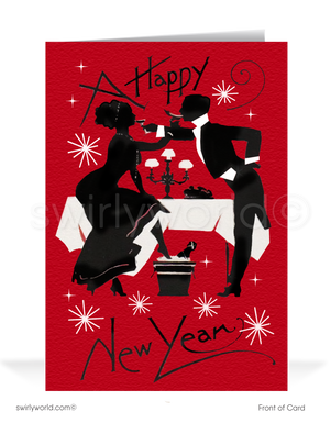 1920s-1930s Art Deco Vintage Victorian Couple Toast Happy New Year Greeting CardsIn this exquisite illustration, a chic couple sits at a formal table, their silhouettes beautifully framed against a dramatic red background. With a touch of whimsy, they ring in the New Year by toasting one another and playfully swapping cocktails