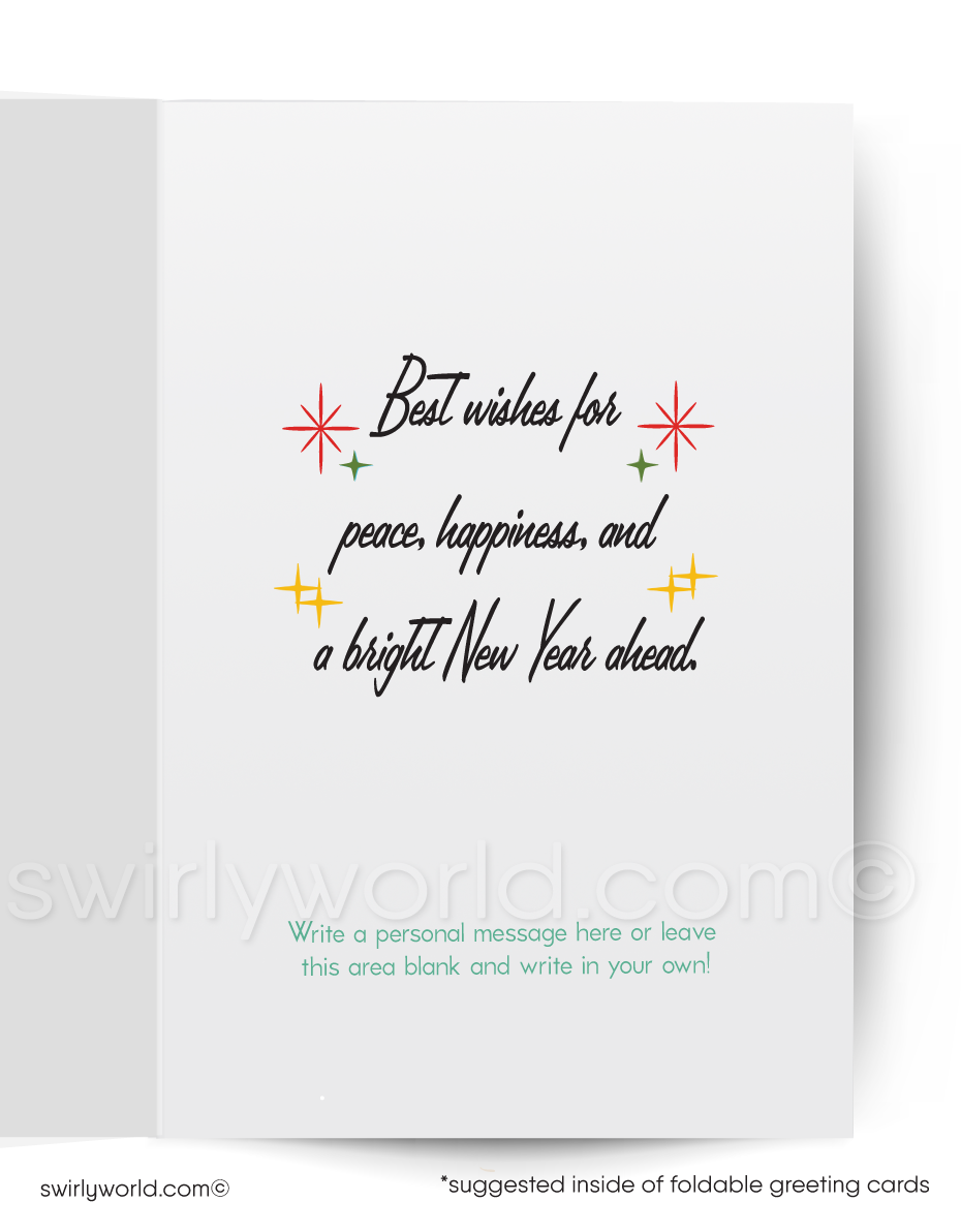 Mid-century 1940s-1950s style vintage Happy New Year greeting card printed on thick matte card stock.