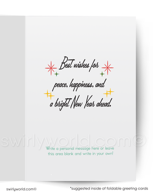 Greeting card with New Year wishes and decorative stars on a white background