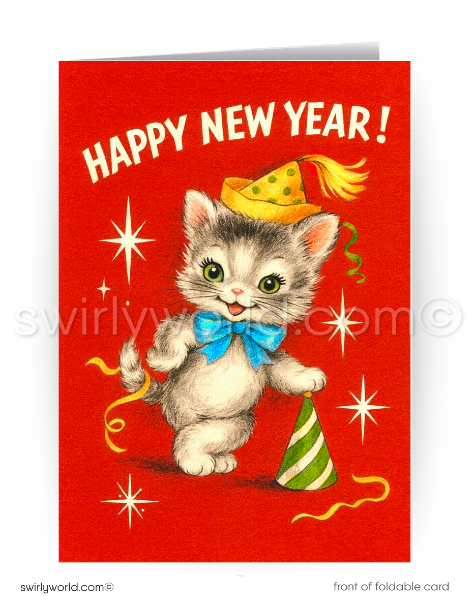 Mid-century 1940s-1950s style vintage Happy New Year greeting card printed on thick matte card stock.