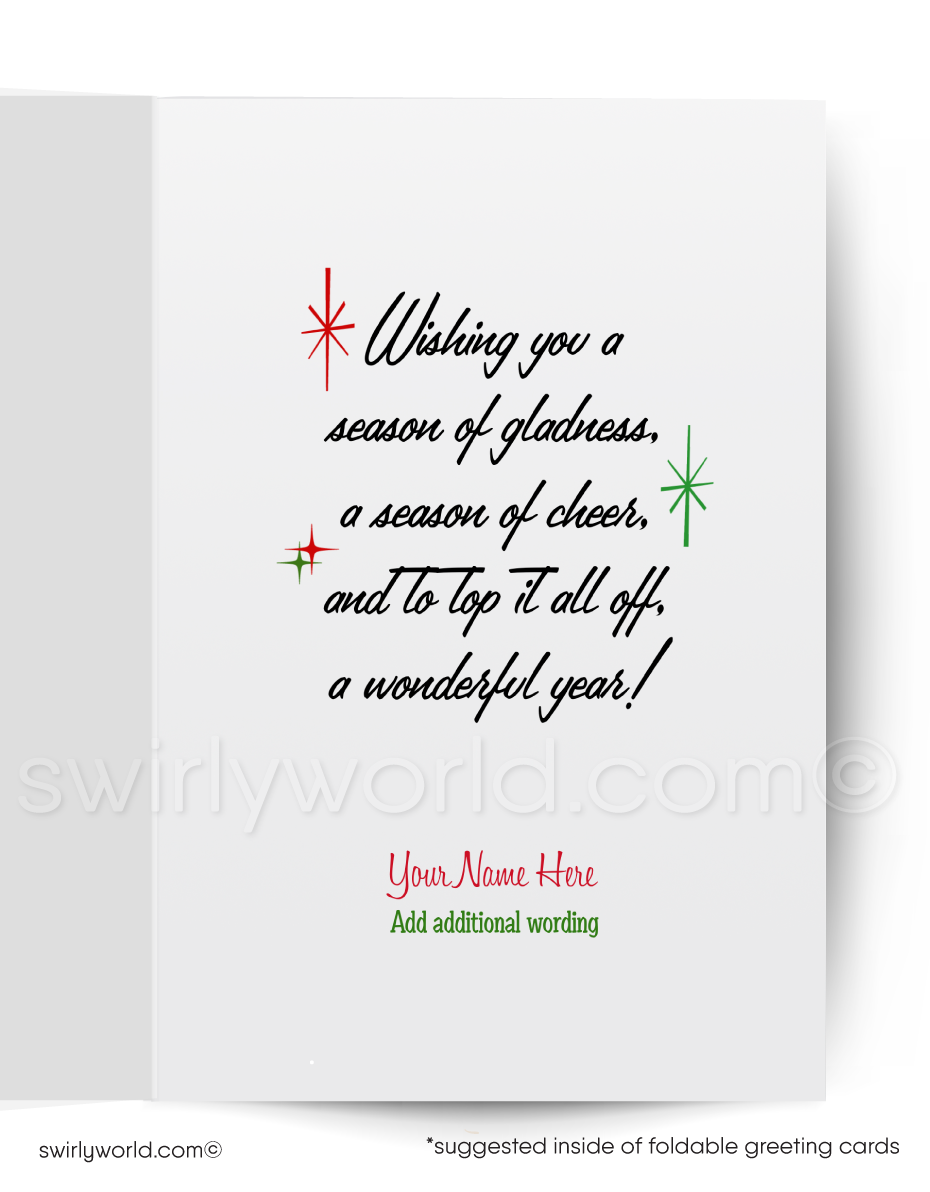 Vintage 1940s-1950s style mid-century modern Snowman couple dressed up for Christmas. Snowman retro Merry Christmas holiday greeting cards.