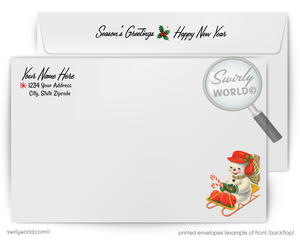 Vintage Christmas Card with 1950s Kitschy Snowman Couple in Festive Holiday Attire