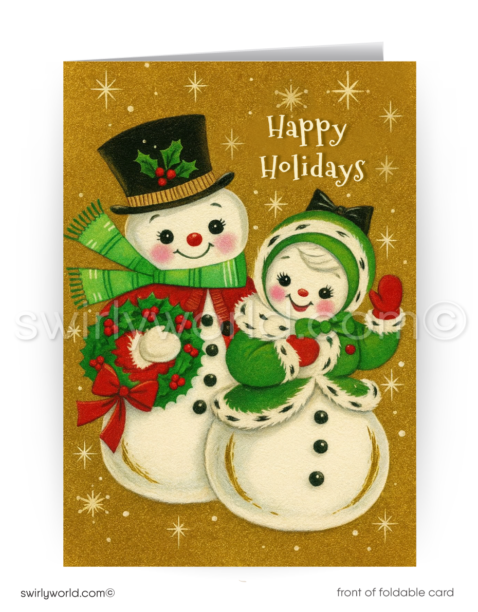Vintage 1940s-1950s style mid-century modern Snowman couple dressed up for Christmas. Snowman retro Merry Christmas holiday greeting cards.