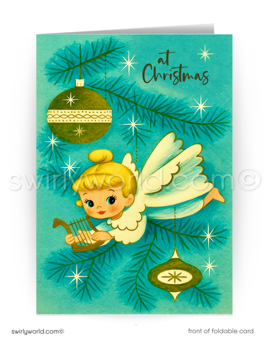 Christmas card with an angel and ornaments on a teal background