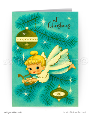 Christmas card with an angel and ornaments on a teal background