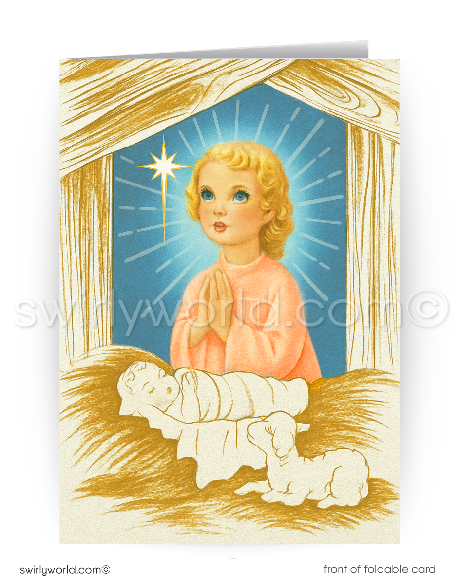 Greeting card with a child and baby Jesus in a manger, featuring a star in the background.