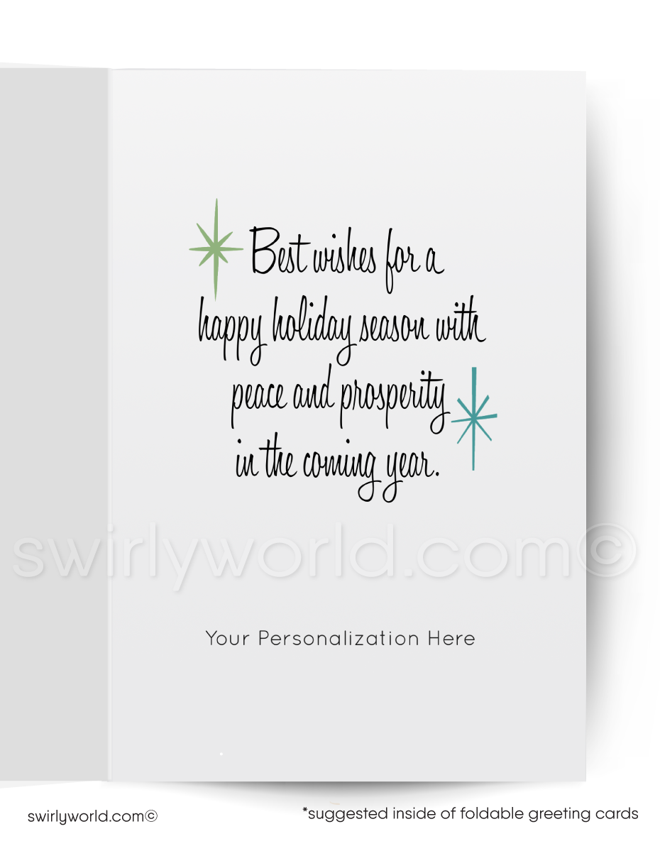 Vintage 1940s-1950s blue hand-blown glass vintage ornaments with starbursts and snowflakes Merry Christmas holiday greeting cards.