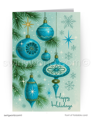 Vintage 1940s-1950s blue hand-blown glass vintage ornaments with starbursts and snowflakes Merry Christmas holiday greeting cards.