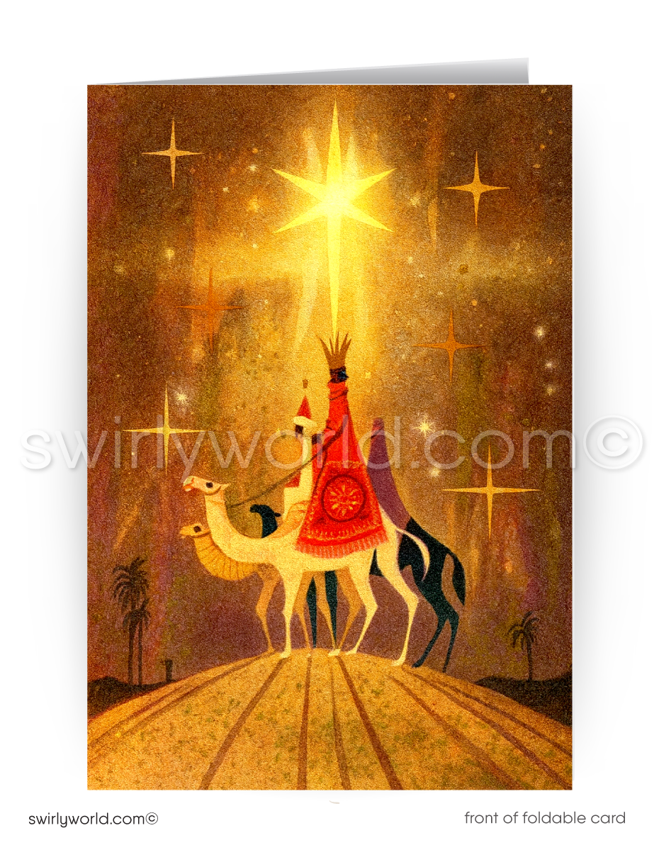 Mid-century modern stylized Three Wisemen Christmas card for Catholics and Christians.