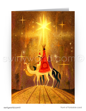 Mid-century modern stylized Three Wisemen Christmas card for Catholics and Christians.