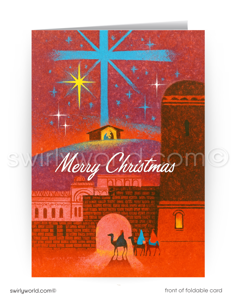 Christmas card with nativity scene and 'Merry Christmas' text on a red background